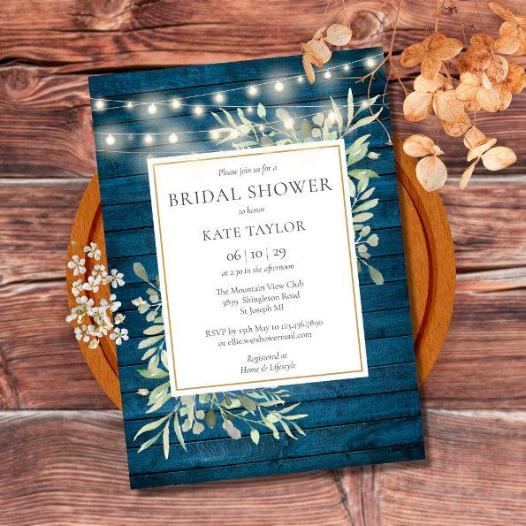 Blue Rustic Wood Lights Greenery Bridal Shower Invitations