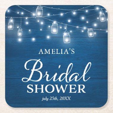 Blue Rustic Wood Mason Jars Lights Bridal Shower Square Paper Coaster