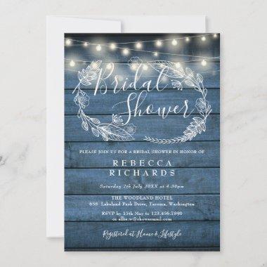 Blue Rustic Wood String Lights Bridal Shower Invitations