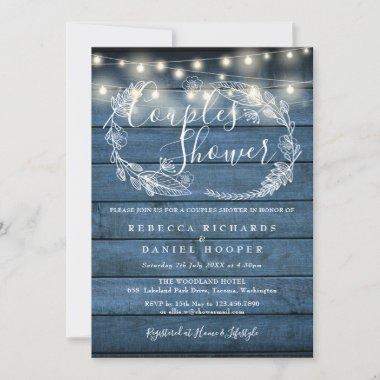 Blue Rustic Wood String Lights Couples Shower Invitations