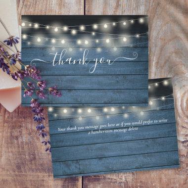 Blue Rustic Wood String Lights Script Wedding Thank You Invitations