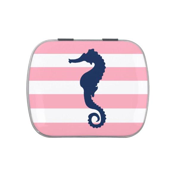 Blue Seahorse on Pink Stripes Candy Tin