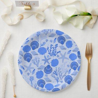 Blue Seashells and Coral Pattern Beach Paper Plates