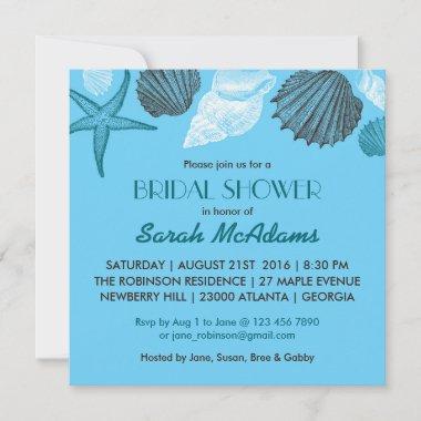 Blue Seashells Wedding Bridal Shower Invitations