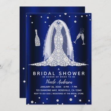 Blue Shine Diamond Wedding Dress Bridal Shower Invitations