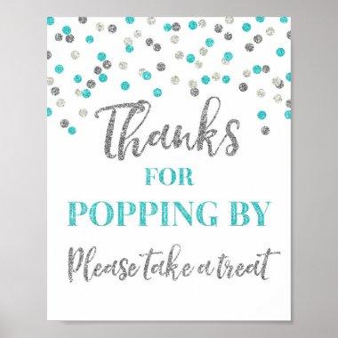 Blue Silver Confetti Thanks for Popping By Sign