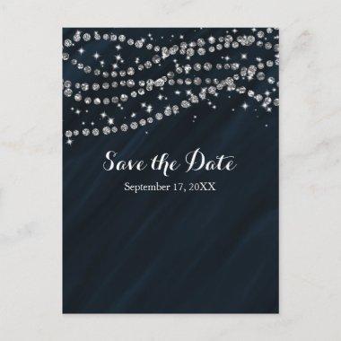 Blue & Silver Faux Diamond Bling Save The Date Announcement PostInvitations