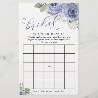 Blue & Silver Floral Bridal Shower Bingo Game Invitations