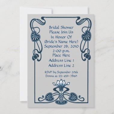 Blue Silver Floral Swirls Bridal Shower Invite