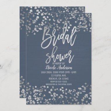 Blue Silver Foil Babys Breath Modern Bridal Shower Invitations