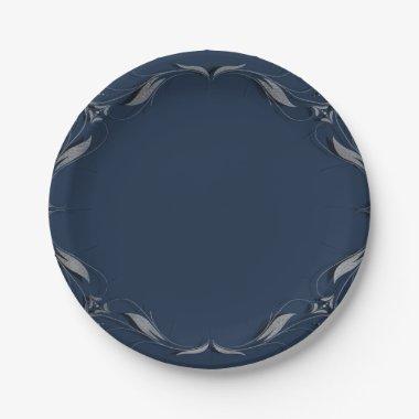Blue & Silver Frame Elegant Vintage Wedding Party Paper Plates