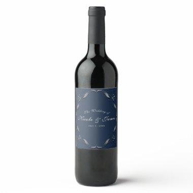Blue & Silver Frame Elegant Wedding Party Wine Wine Label