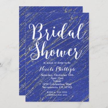 Blue & Silver Glam Marble Stripe Bridal Shower Invitations