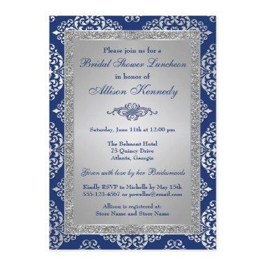 Blue, Silver Glitter Damask  Invite