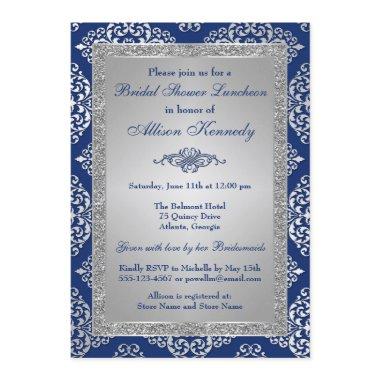 Blue, Silver Glitter Damask Bridal Shower Invite