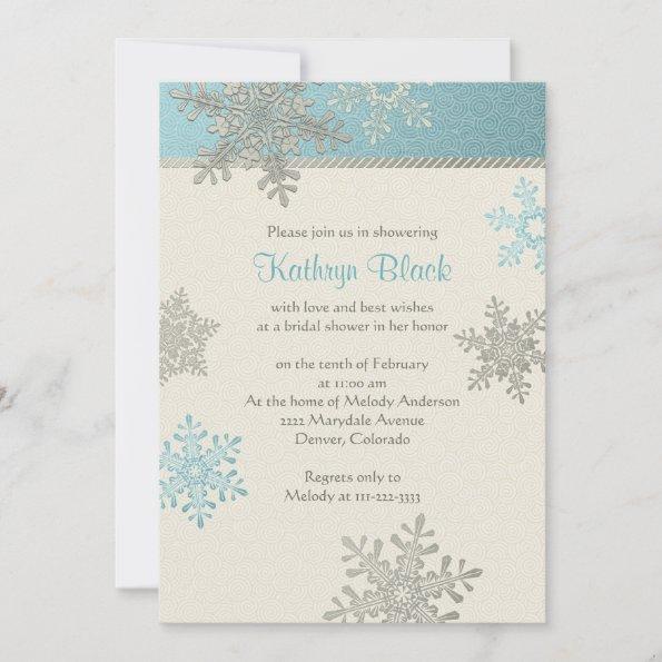 Blue Silver Ivory Snowflake Winter Bridal Shower Invitations