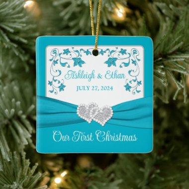 Blue, Silver Love Hearts Wedding 1st Christmas Ceramic Ornament