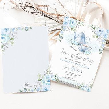 Blue Silver Love is Brewing Bridal Shower Tea Invitations