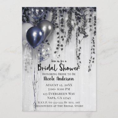 Blue Silver Metallic Balloons Ivy Bridal Shower Invitations