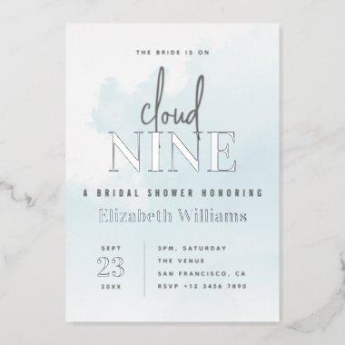 Blue & Silver Modern On Cloud 9 Bridal Shower Foil Invitations