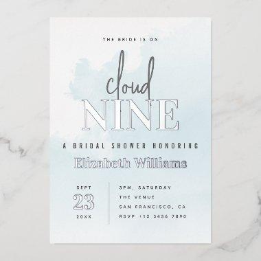 Blue & Silver Modern On Cloud 9 Bridal Shower Foil Invitations