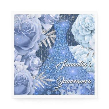 Blue silver rose floral womans glam birthday napkins