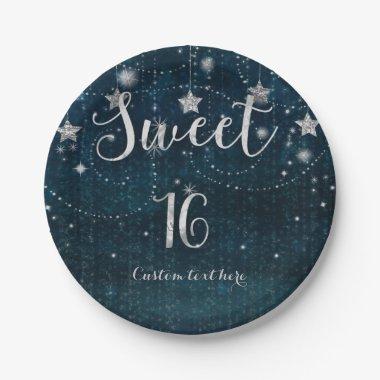 Blue & Silver Starry Sweet 16 Whimsical Party Paper Plates