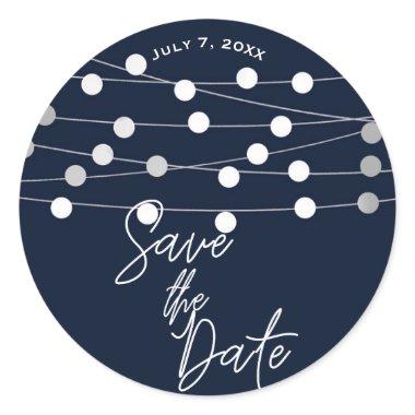 Blue Silver String Lights Wedding Save the Date Classic Round Sticker