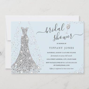 Blue Silver Wedding Dress Sparkle Bridal Shower Invitations