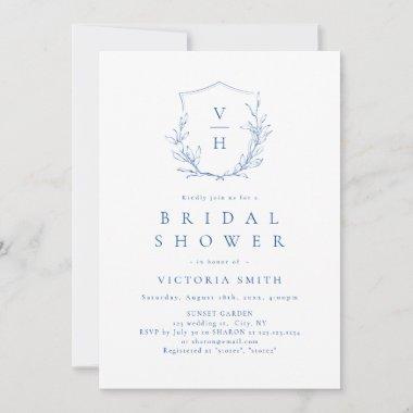Blue simple botanical crest monogram bridal shower Invitations