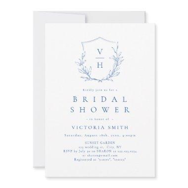 Blue simple botanical crest monogram bridal shower Invitations