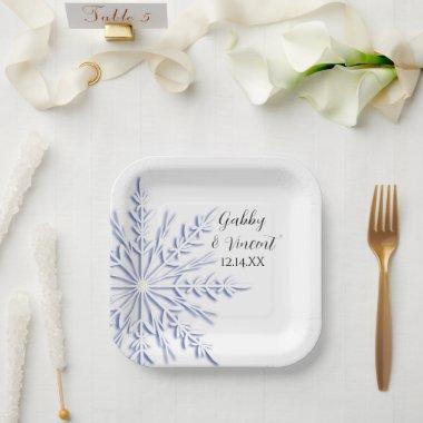 Blue Snowflake on White Winter Wedding Paper Plates