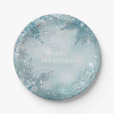 Blue Snowflake Winter Wonderland Elegant Party Paper Plates