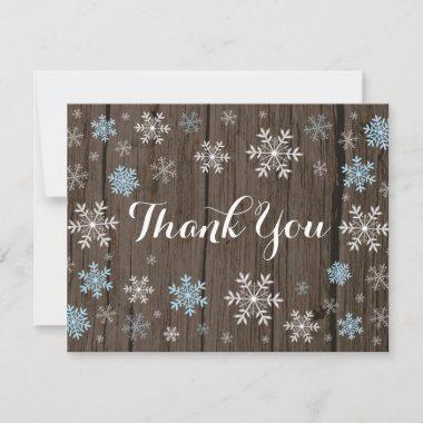 Blue Snowflakes Winter Rustic Wood Thank You Invitations