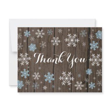 Blue Snowflakes Winter Rustic Wood Thank You Invitations