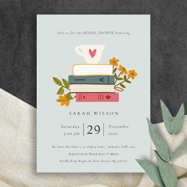 Blue Stacked Books Floral Bridal Shower Invite