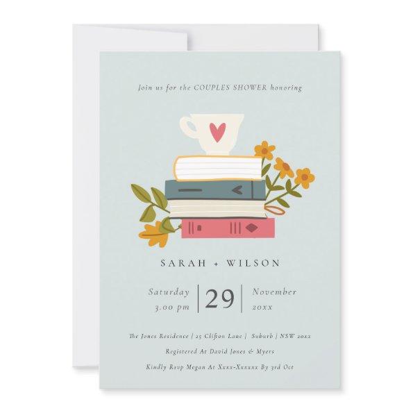Blue Stacked Books Floral Couples Shower Invite