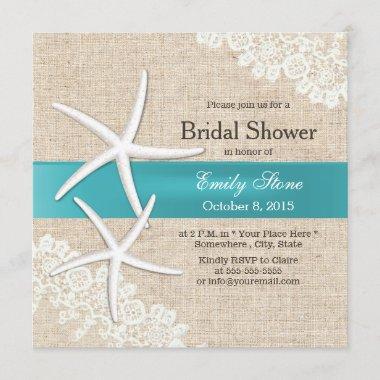 Blue Starfish Lace & Burlap Bridal Shower Invitations