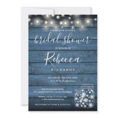 Blue String Lights Mason Jars Script Bridal Shower Invitations