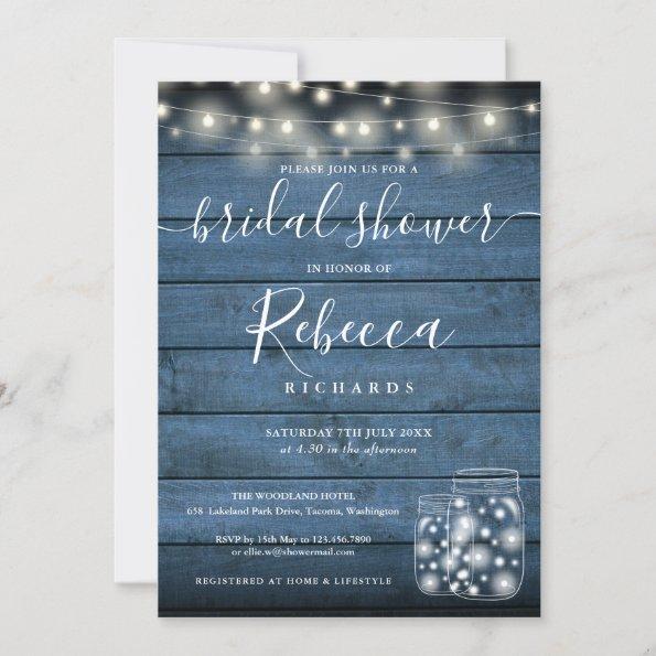 Blue String Lights Mason Jars Script Bridal Shower Invitations