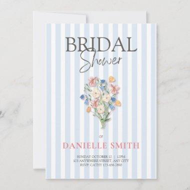Blue Stripe and Floral Bridal Shower Invitations