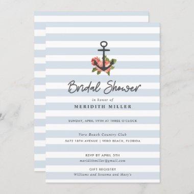 Blue Stripe Nautical Anchor Bridal Shower Party Invitations
