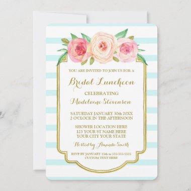 Blue Stripes Gold Pink Floral Bridal Lunch Invitations