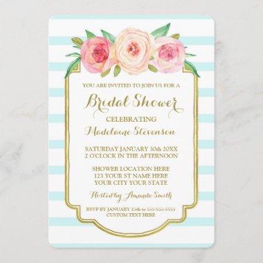 Blue Stripes Gold Pink Floral Bridal Shower Invitations