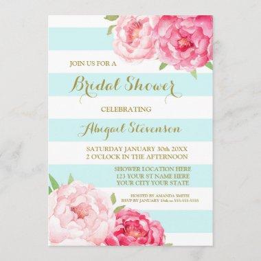 Blue Stripes Pink Watercolor Flowers Bridal Shower Invitations