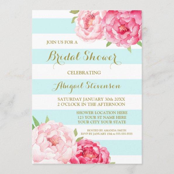 Blue Stripes Pink Watercolor Flowers Bridal Shower Invitations