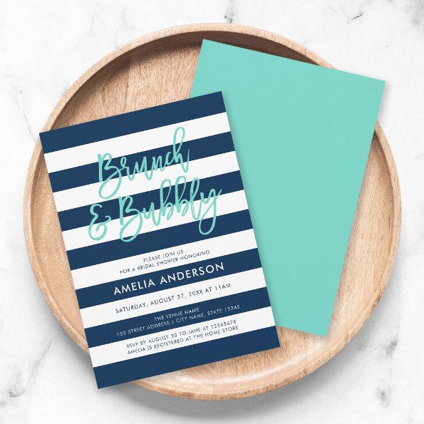Blue Stripes Turquoise Brunch Bubbly Bridal Shower Invitations
