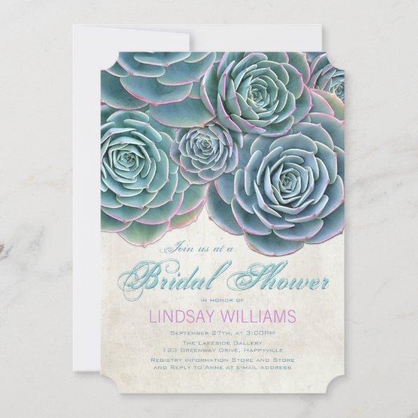 Blue Succulents Country Bridal Shower Invitations