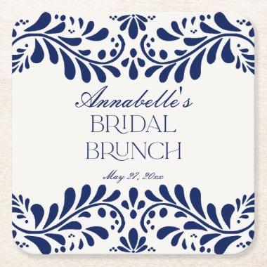 Blue Talavera Tile Spanish Fiesta Bridal Brunch Square Paper Coaster