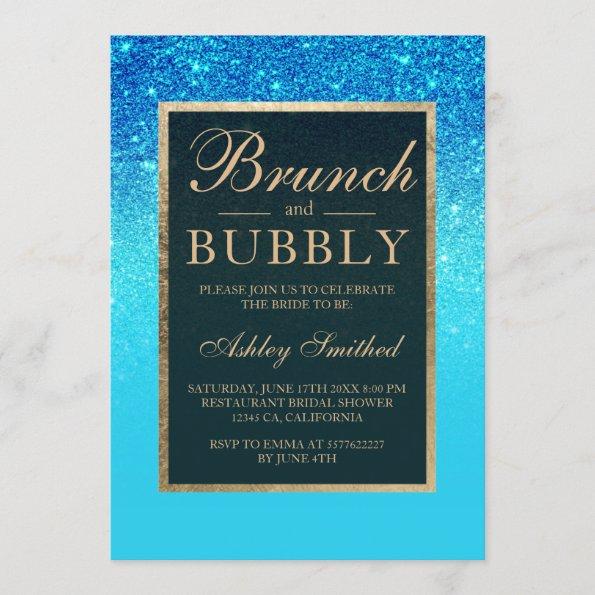 Blue teal gold glitter brunch bubbly bridal shower Invitations